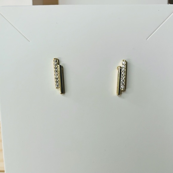 NEW Gold-Plated 925 Sterling Silver Asymmetrical CZ Bar Studs Inspired Style - Picture 3 of 13